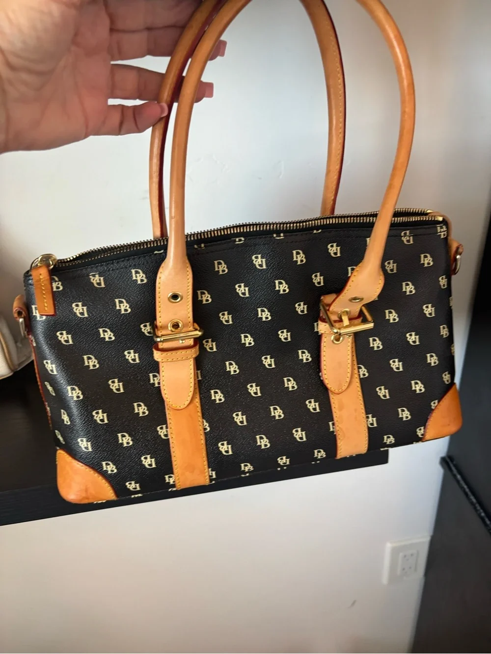 Dooney & Bourke Black Logo Messenger with Tan Leather Trim